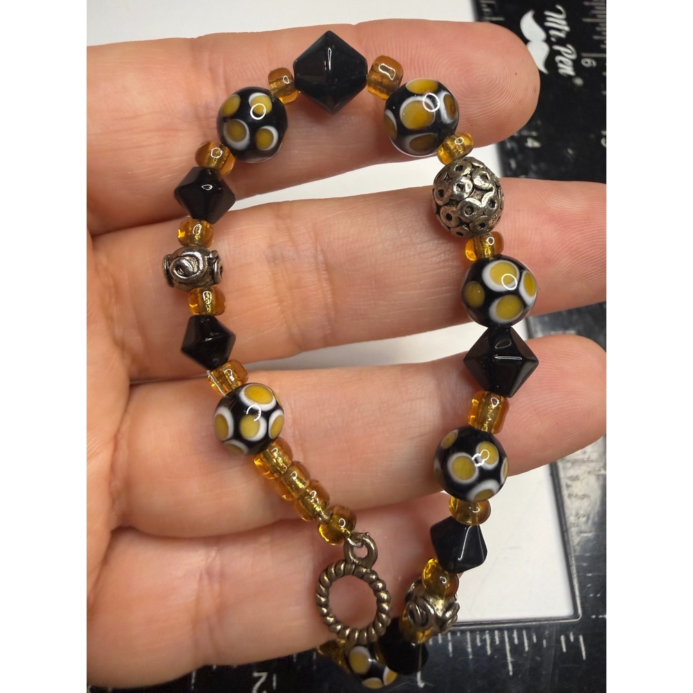Evil Eye Beaded Bracelet Black Yellow Glass Toggle Clasp Boho 8 Inch